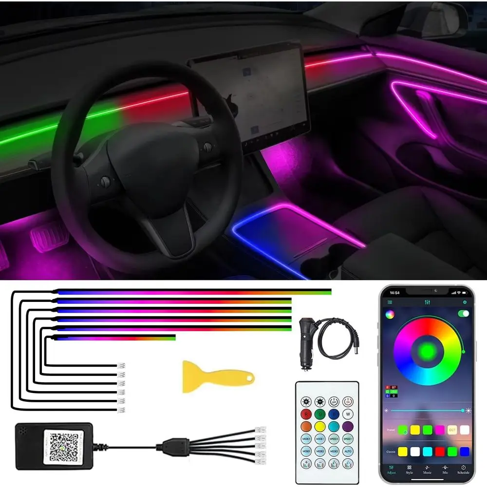 

Acrylic Interior Car LED Lights with Remote and WirelAPP 6 in 1,Ambient Lighting Kits iber Optic Strip LEDs,16 Million ColMusic&
