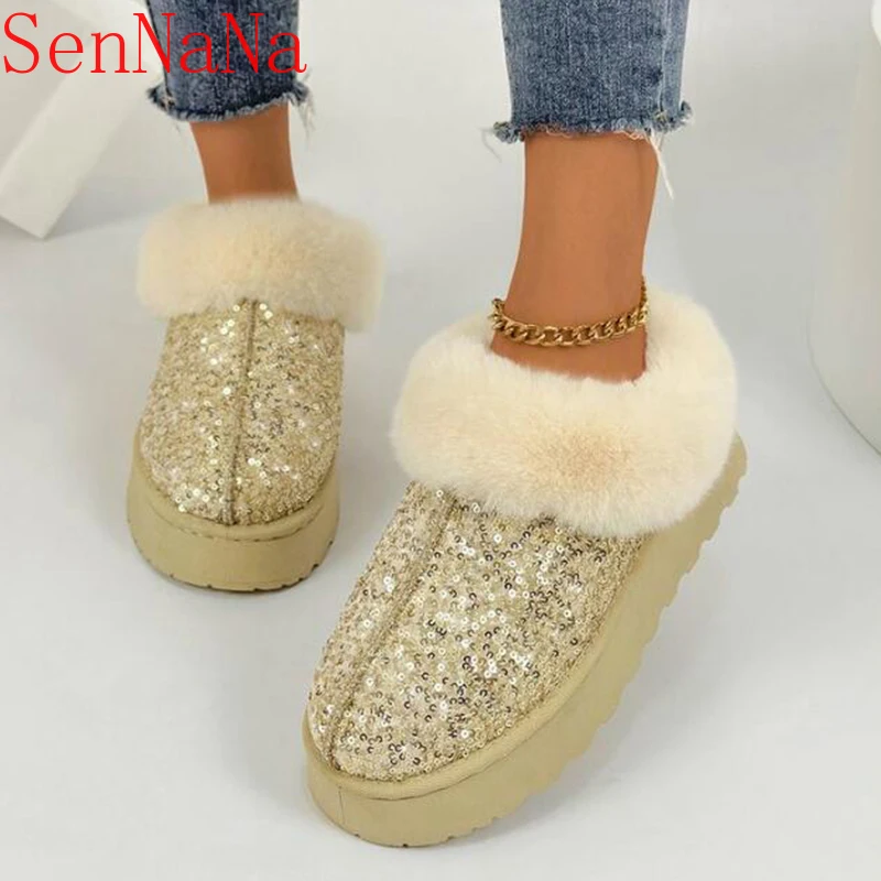 Bling Frauen Wohnungen Schneeschuhe Winter Plattform Fell warme Baumwoll schuhe neue Trend Mode Walking kurze Plüsch Zapatillas weiblich