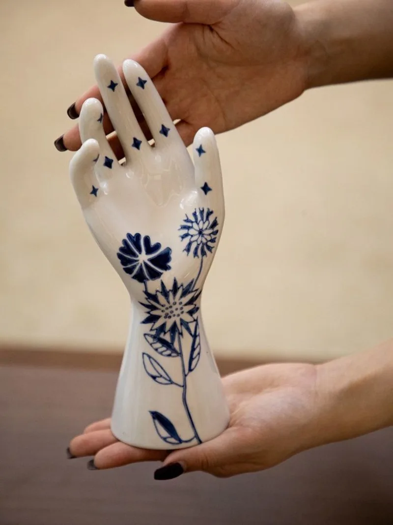 Blue and White Porcelain Hand Ornament Elegant Fake Hand Model for Jewelry Ring Bracelet Photo Display