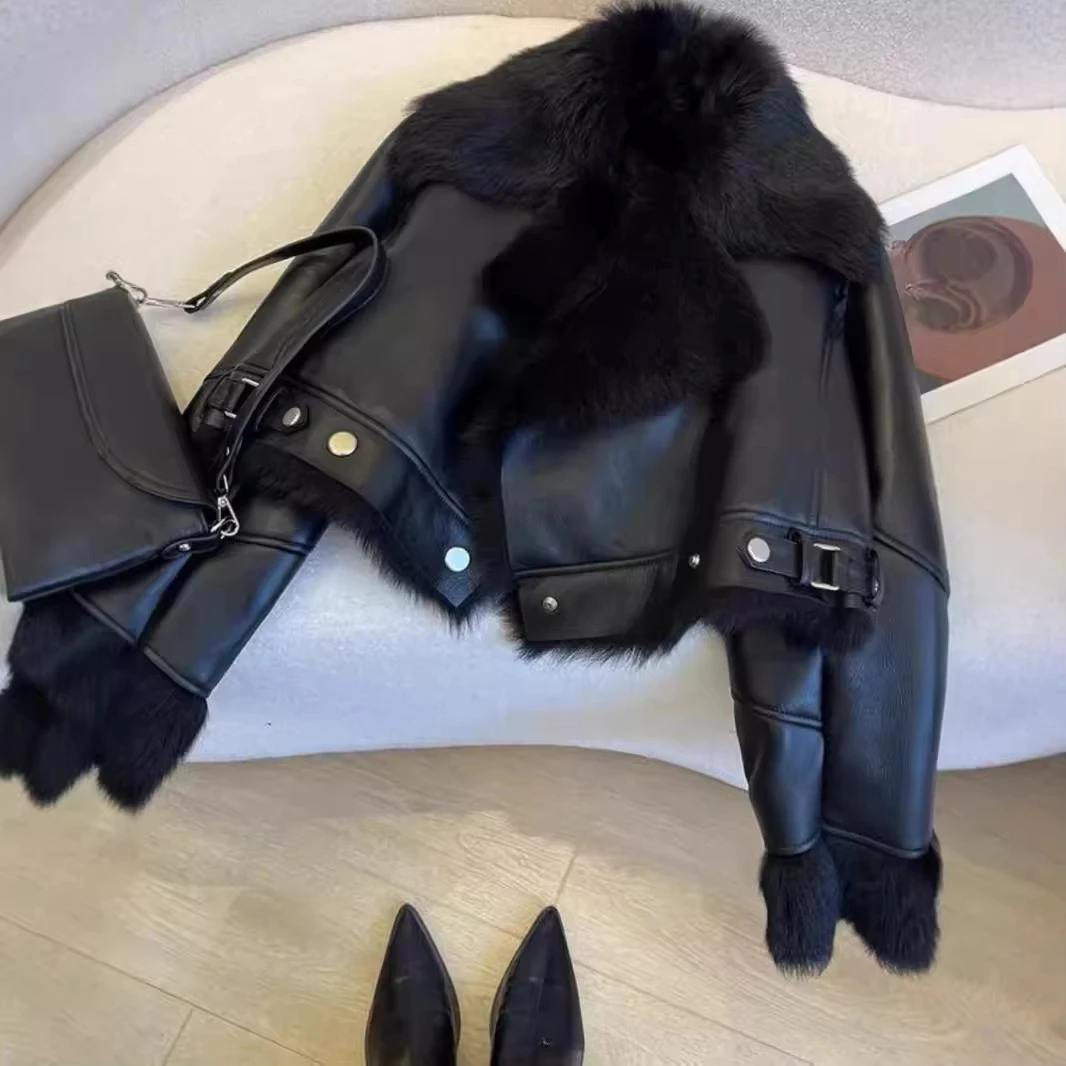 Faux PU Leather Coats Women Fur Collar Coat Thick Warm Short Jackets Spring Streetwear Button Open Stitch Jacket Autumn Winter