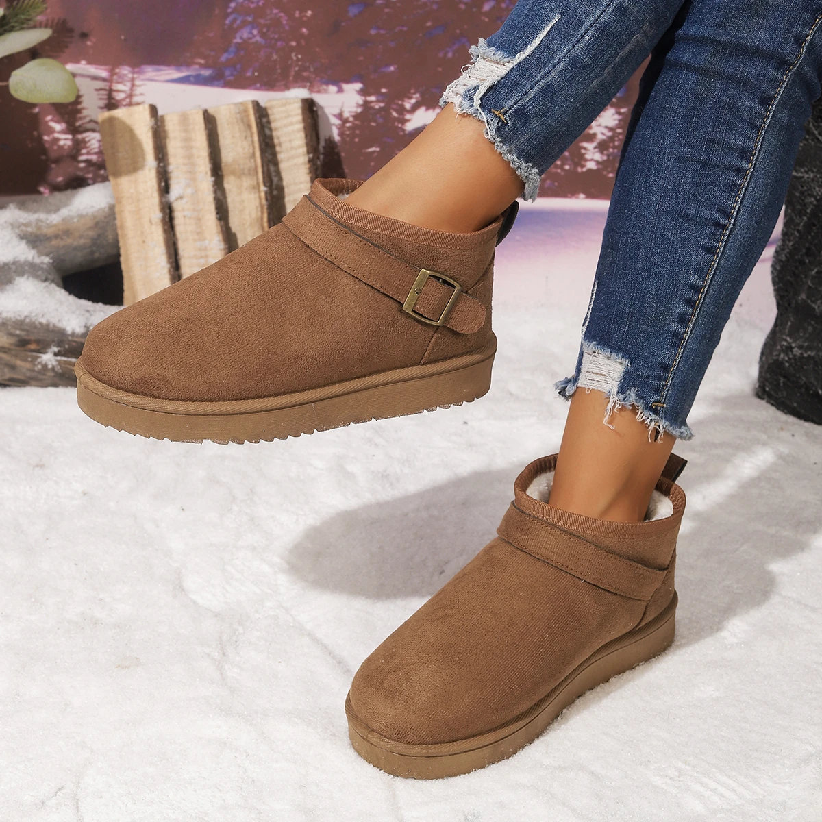 Black Faux Suede Short Plush Snow Boots Women Winter Fashion Buckle Non Slip Thick Sole Warm Booties Mujer Cotton Padded Shoes view 4