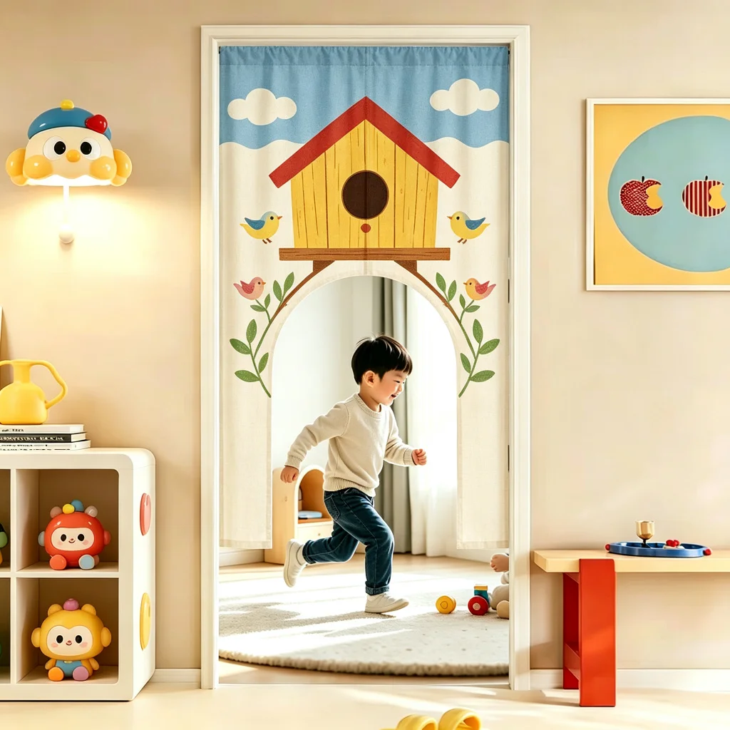 VIKAMA Windmill Arched Half Door Curtain Kids Room Cotton Linen Short Curtain Privacy Partition Home Decor Bedroom Nursery