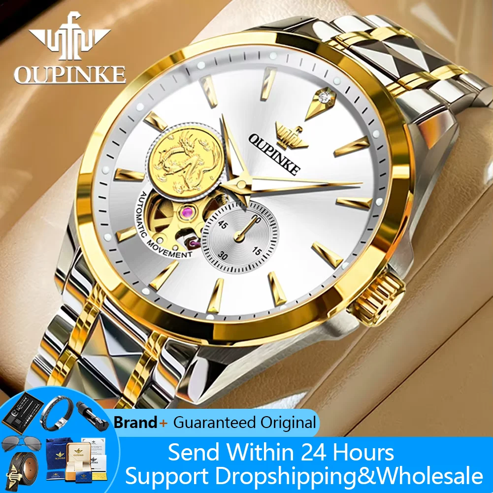 

OUPINKE 3260 Watches For Men Hollow Real Gold Dragon Watch Original Luxury Top Brand Real Diamond Automatic Mechanical Man Watch