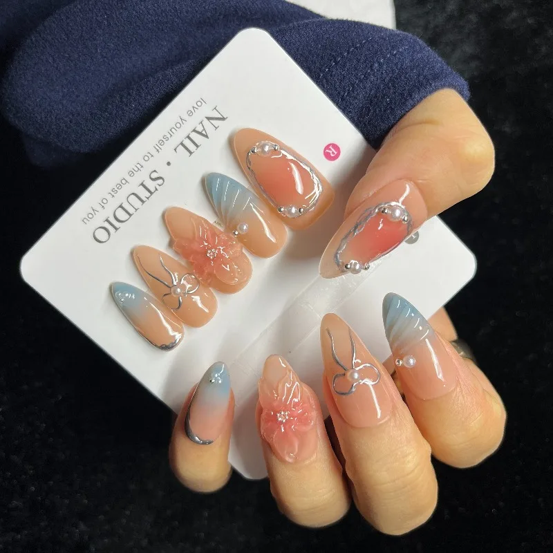 10PCS 3D Floral Press on Nails Almond Shape Peach Pink Ombre with Rhinestone Design Sweet Elegant False Nails Handmade for Women