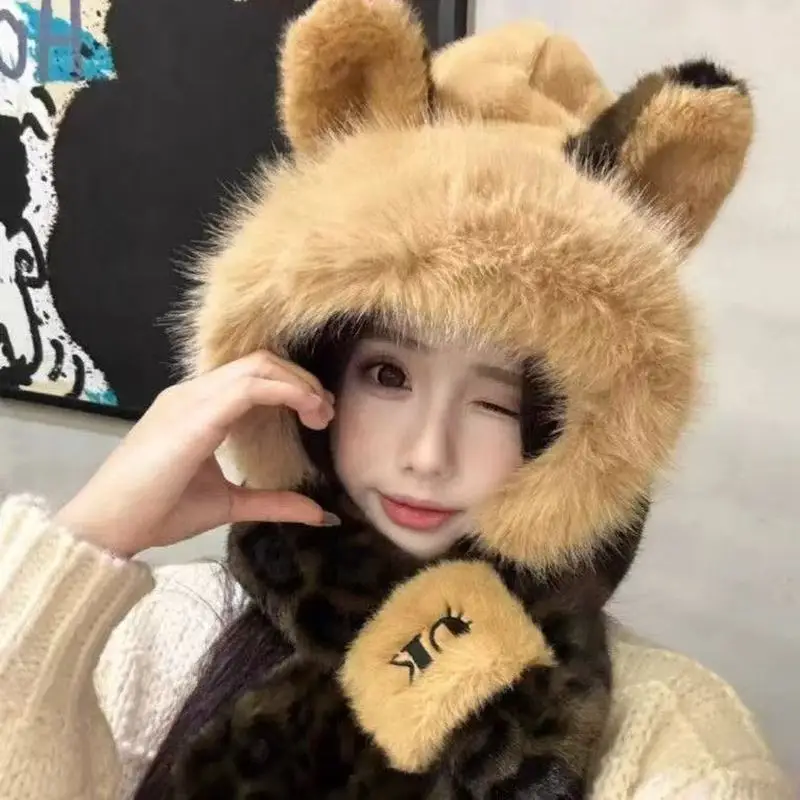 New fashion leopard print hat with plush scarf fox ears, 2026 thickened autumn and winter warm ear protection, hot-se