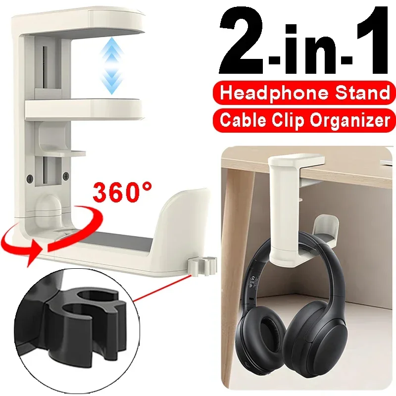 360° Rotating Headphone Stand PC Adjustable Clamp-on Headset Holder Earphone Hanger Hook Under Desk with Cable Clip Organizer