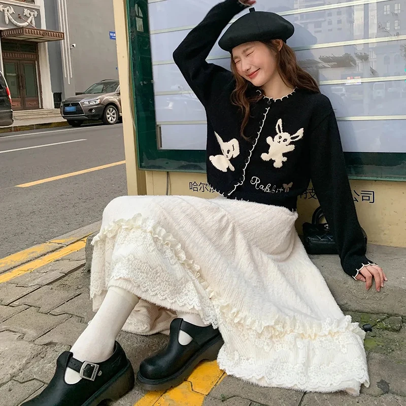 Japanese Sweet Midi Skirt Women Lace Patchwork High Waist Winter Chic Cake Skirts Cute Preppy Casual Aesthetic New Plush Skirt