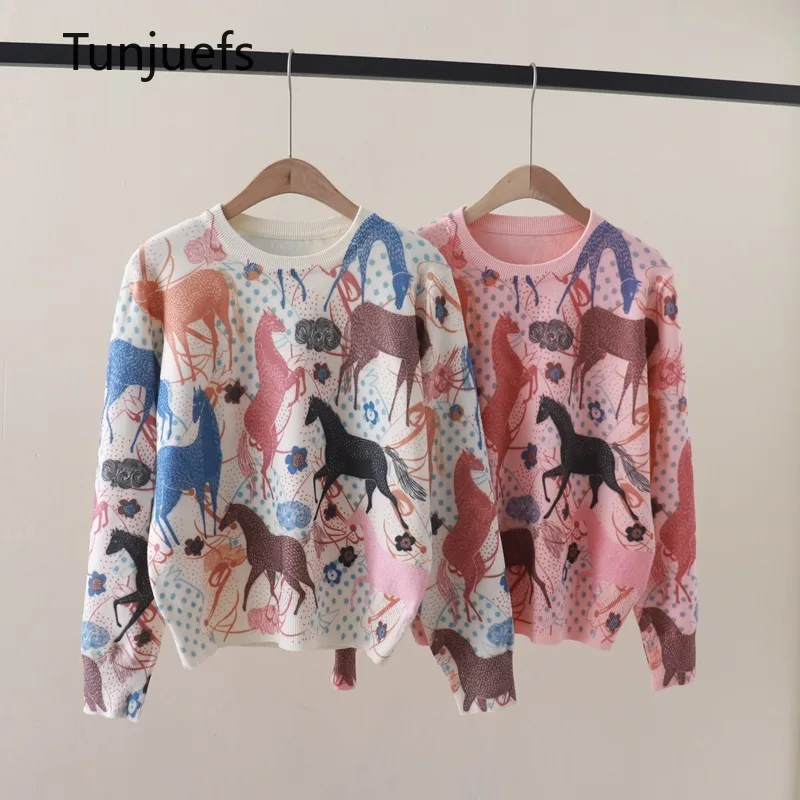 Women's Sweater for Women Clothing Horse Print Pullovers Long Sleeve Jumper Feamle Clothing Knit Tops Y2K Clothes Luxury Brand