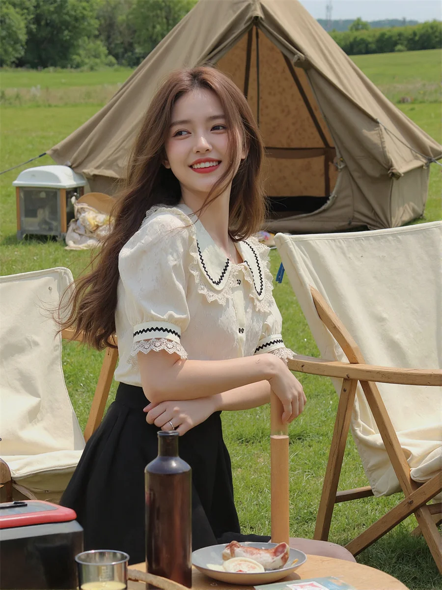 Nette Spitze Shirts Mädchen Blusen Kleidung Für Frauen Herbst Süße Kragen Gymnasium Schnell Trocknend Atmen Kurzen Stil All-Match täglich