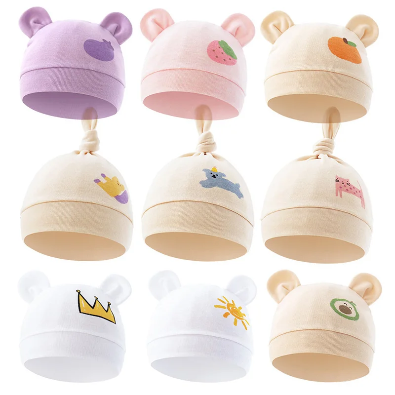 

3Pcs/set Newborn Hat Cute Bear Ear Knotted Cotton Baby Beanie for Boys Girls All Season Bonnet Infant Shower Gift 0-3M