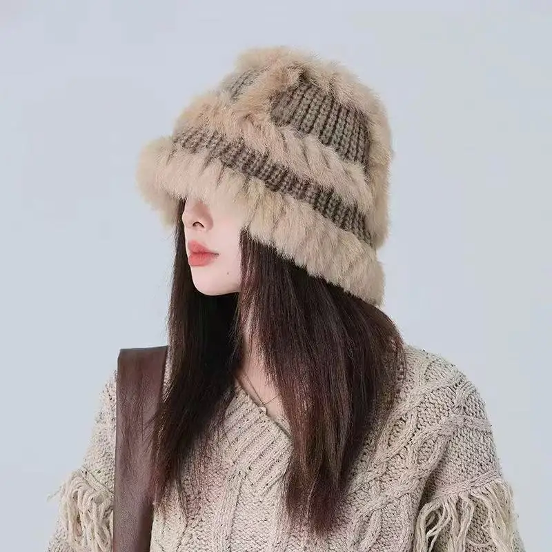 Plush bag head showing face small fur bucket hat bag face knitted hat women's autumn and winter warm wool hat cold view 4