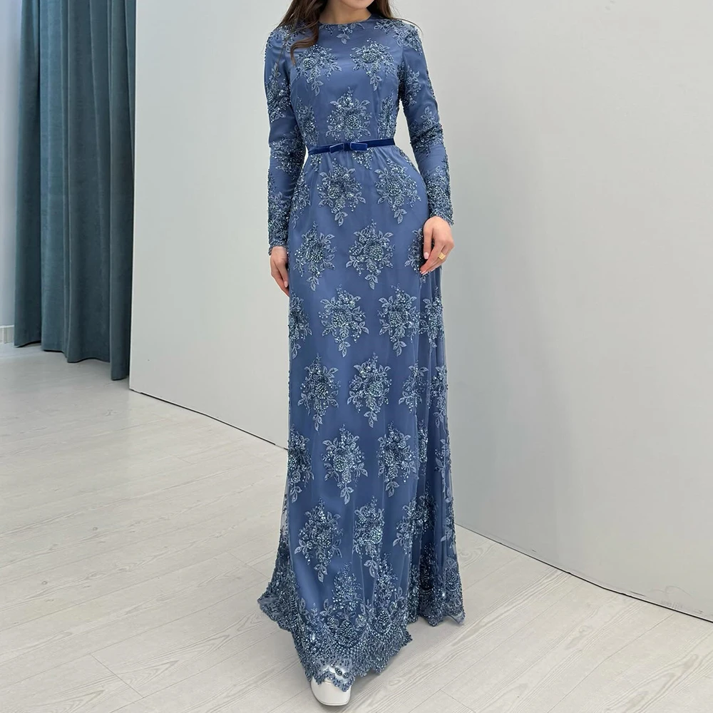 Maßgeschneiderte A-Linie-Abendkleider, bodenlang, O-Ausschnitt, volle Ärmel, Abendkleid, modische Blumen, Schärpen, einfaches drapiertes Partykleid – Detail 3