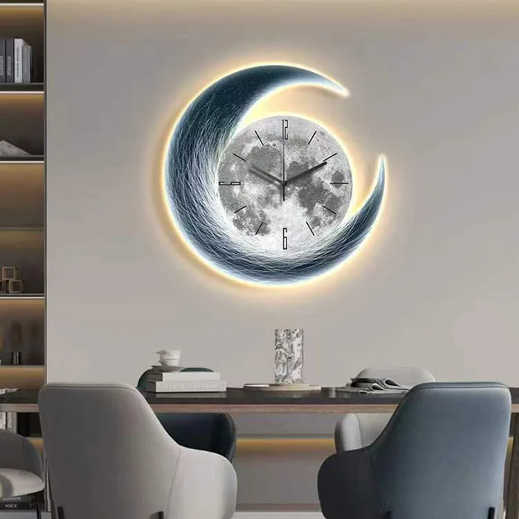 60cm With Night Light Feature Modern Luxury Living Room Moon Decorative Creative Home Decor New Dining Room House Wall Clock