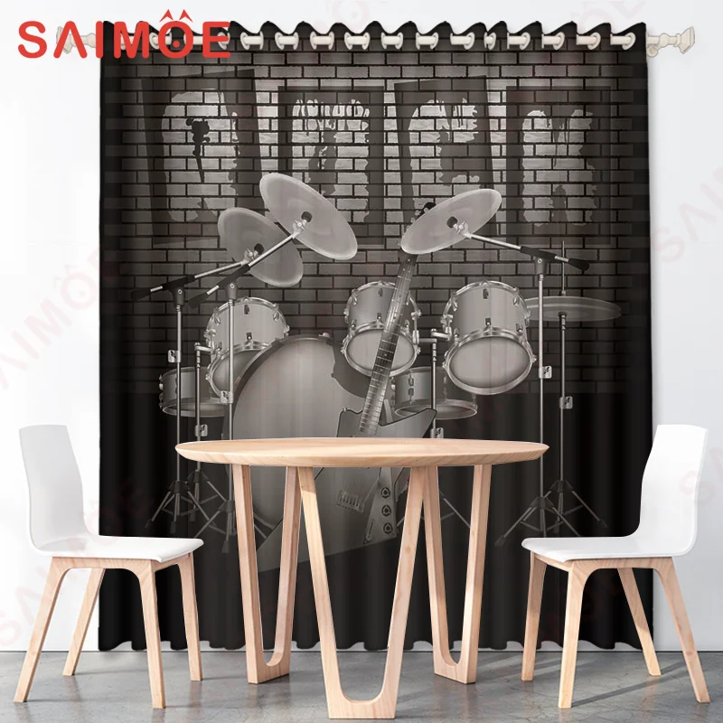 Fashion Modern Rock Music Shelf Drum Black Blackout Curtains For Living Room Bedroom Window Accessories Kitchen Drapes Decor