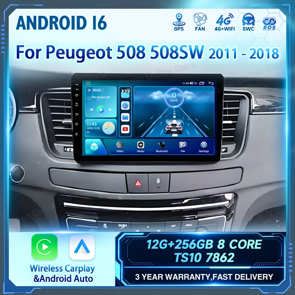 Android 16 Car DVD Radio Stereo For Peugeot 508 508SW 2011 -2018 Auto Multimidia Video Player Carplay QLED Screen GPS Navigation