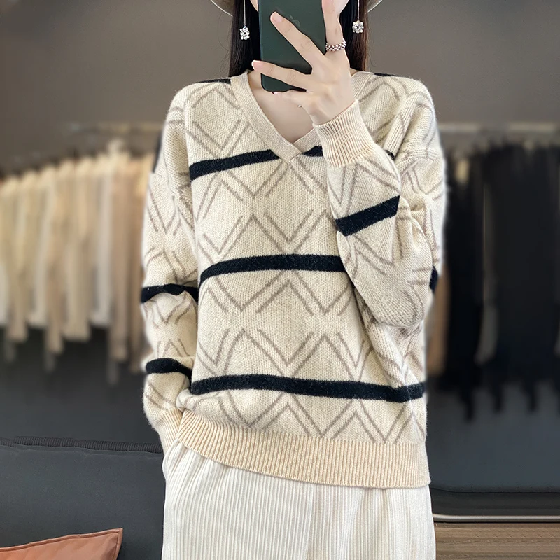 

100% Merino Wool V-neck Striped Long Sleeve Jumper Autumn/Winter Thickened Fashion Sweater Korean Women's Jacket