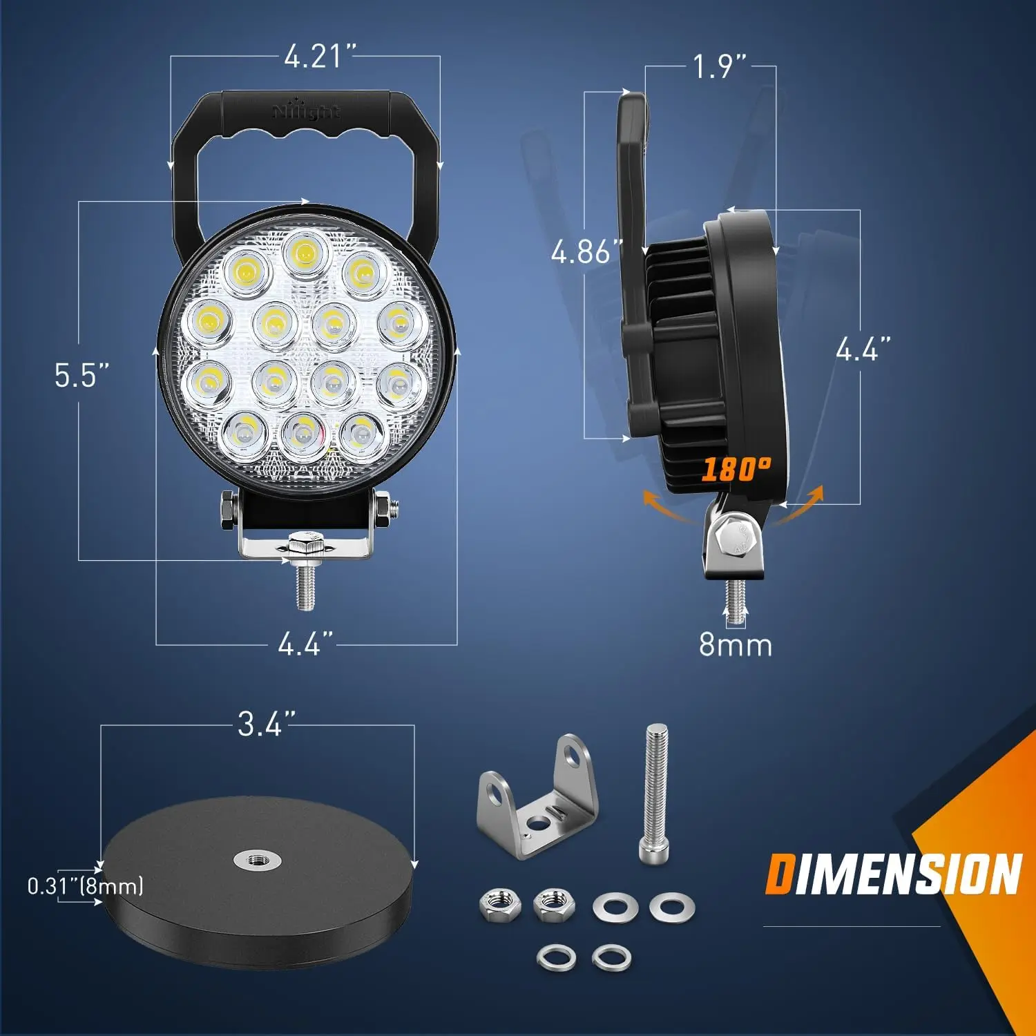 Nilight LED Light Bar 4.5Inch 42W Round Portable Flood Pod Cigarette Lighter Powered with Wiring Magnetic Base 14LEDs Fog Driving Work Roof Bumper Lights for Truck Tractor Golf Cart UTV
