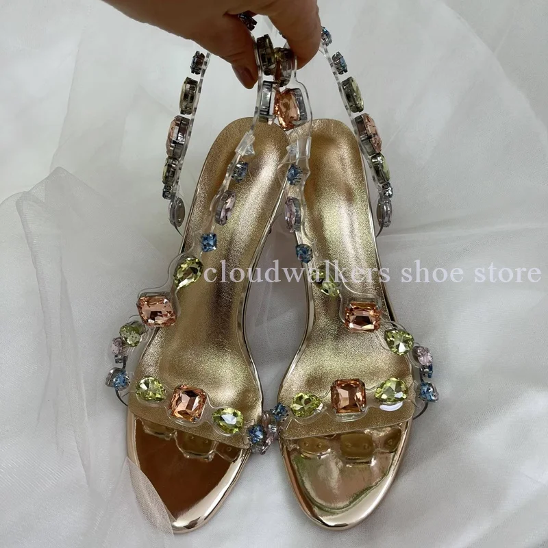 

Colorful Luxury Jewelry Inlay One-Strap Catwalk Sandal Elegant Peep Toe Stiletto Sandals Fashion Lady Latest Model Banquet Shoes