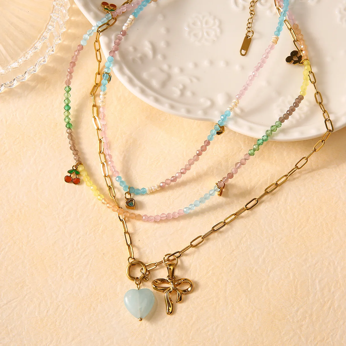 قلادة كرز مخصصة من الفولاذ المقاوم للصدأ مع عقدة فراشة وقلادة قلب من الحجر الطبيعي، إكسسوار مجوهرات عصري للجنسين