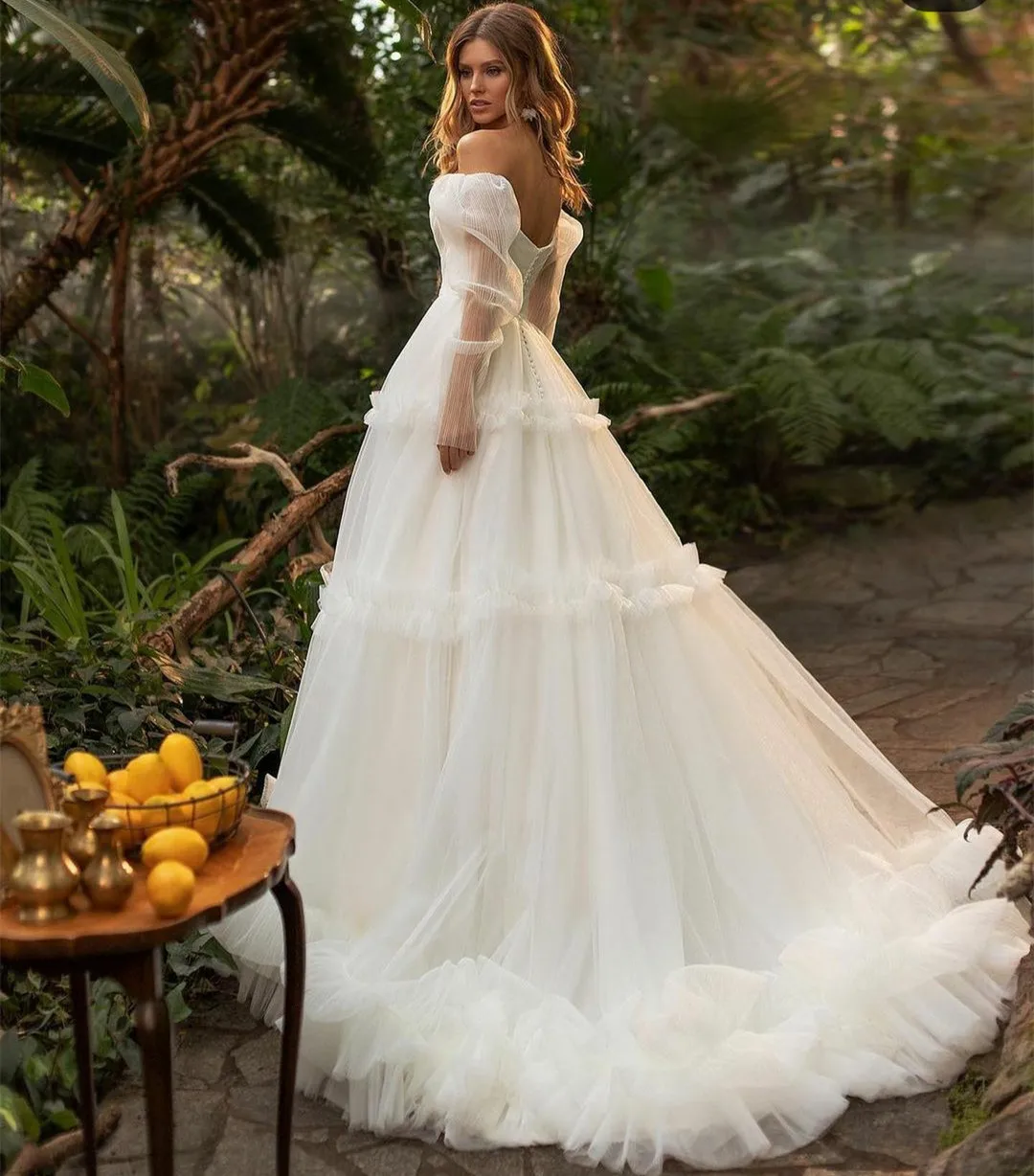 Robe de mariée longue en tulle ivoire, élégante, ligne A, col en V, train de balayage, boutons au dos, patients, quoi que ce soit pour les femmes