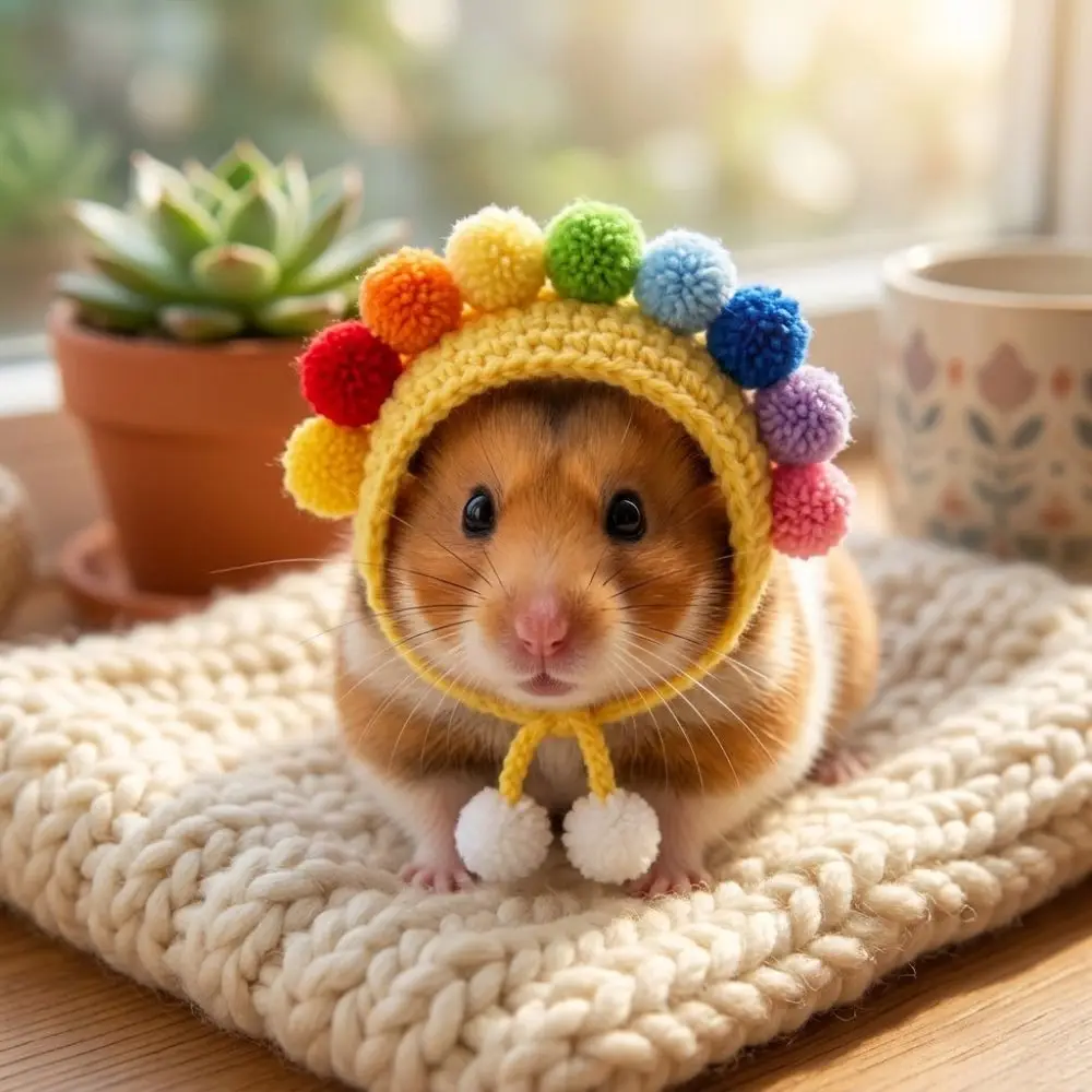 Adjustable Ties Small Pet Plush Crochet Hat Sunflower Bear-Shaped Guinea Pig Costume Hat Shape-Retaining Hand Crocheted