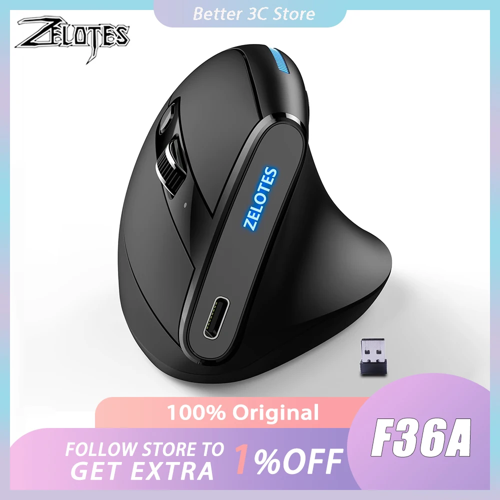 ZELOTES F36A Vertical Hand-held Wireless Mouse Ergonomics 600mAh Long Battery Life Rechargeable Mouse PC Gamer Designer Custom