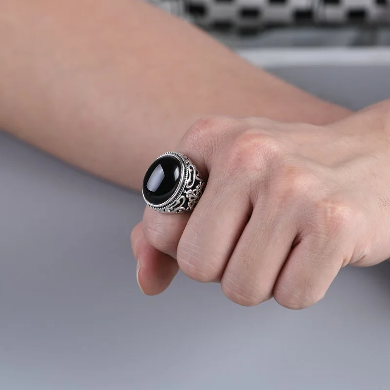 BOCAI New 100% S925 Silver Hollowed-Out Carved Lapis Lazuli/Black Agate Oval Man and Woman Ring Exaggerated Personality Gift