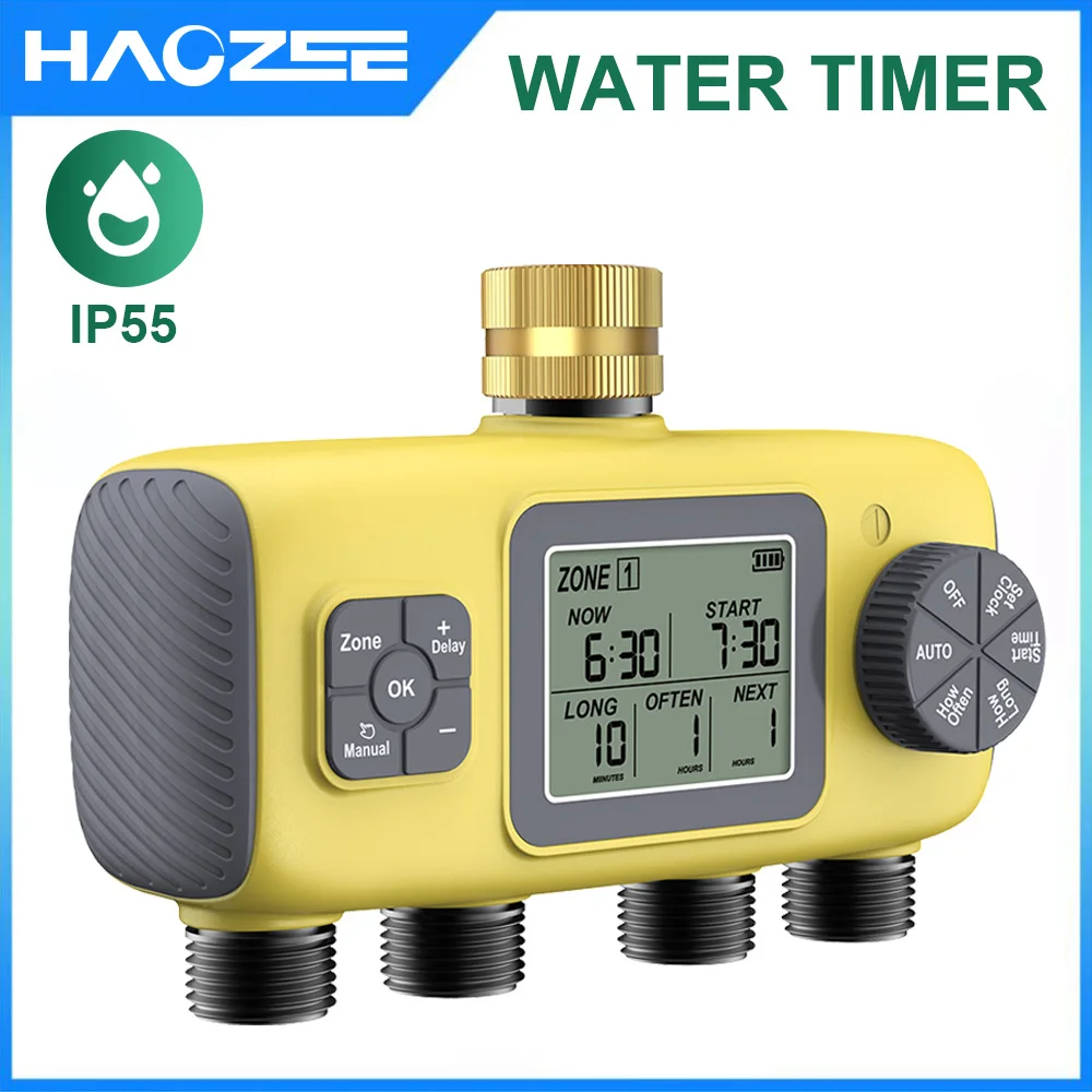 

Haozee Smart Water Timer Intelligent 4-Outlet Irrigation Watering System Sprinkler Timer Garden Programmer IPX7 LCD Display