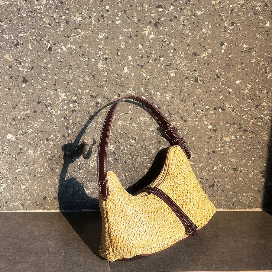 Vintage Woven Underarm Bag Splicing Straw Brown Leather Slack Atmosphere Commuter Vacation Shoulder Tote Bag - view 5