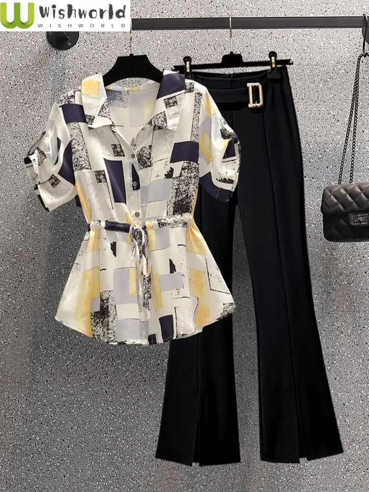 

Large Size Slimming and Flesh Covering Summer New Style Chubby Sister Commuting Women's Shirt Micro Flared Pants Two-piece Set