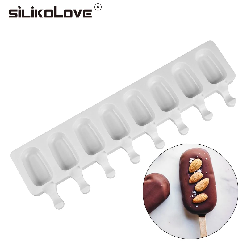 SILIKOLOVE 8 Cavity Ice Cream Mold Silicone Popsicle Molds Chocolate Sandwich Ice Cream Tray with Popsicle Sticks