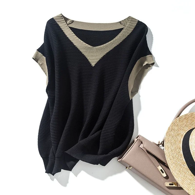 

plus Size 300 Pou Ice Silk Color Blo Knitwear oulder Pad Women Loose Meat Concealing ort Sve V Ne Top Summer