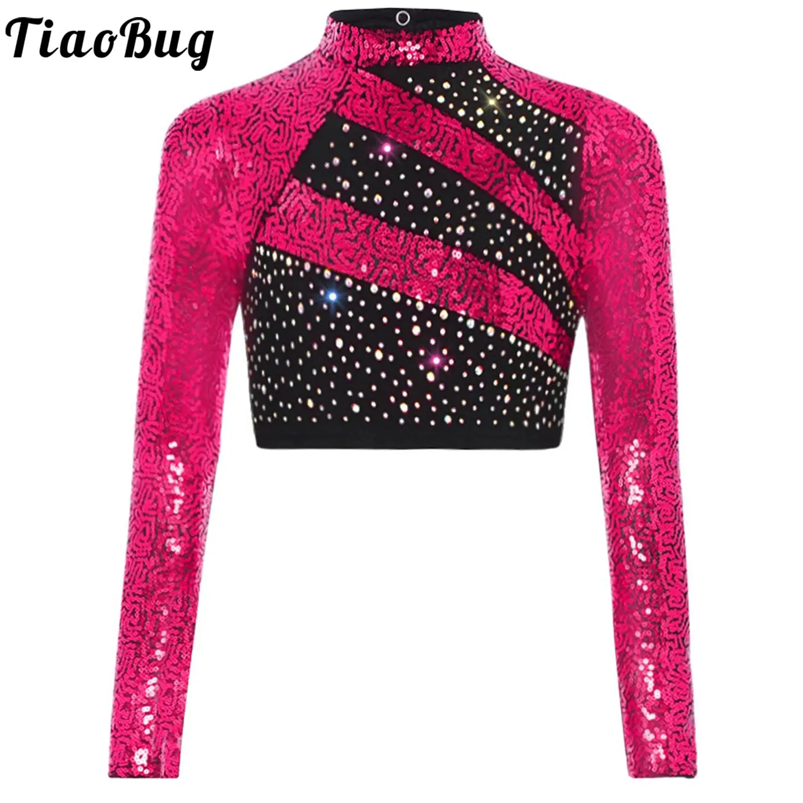 

Kid Girls Jazz Dance Tops Modern Ballet Figure Skating Crop Top Long Sleeve Mock Neck Sparkly Sequin Shirt for Stage Performance