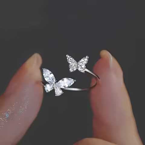 Fashion Adjustable Open Acrylic Crystal Butterfly Ring For Women Kpop Silver Color Zircon product image