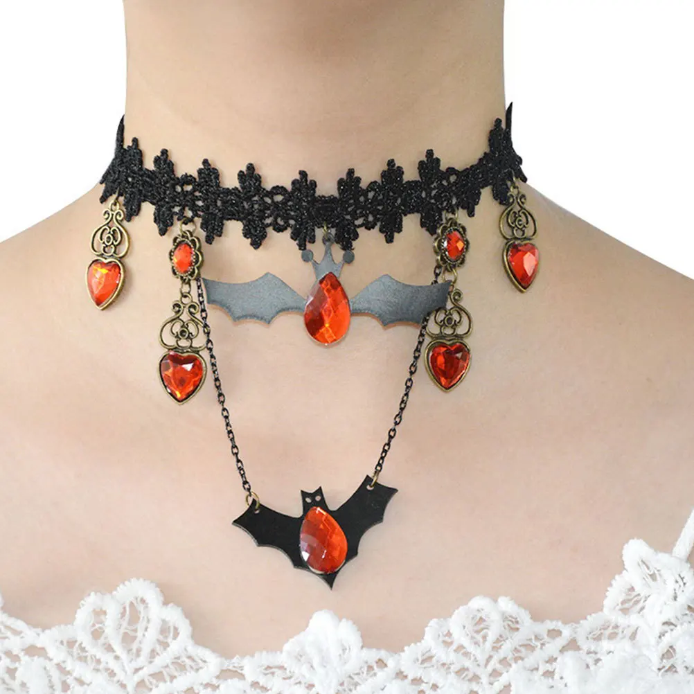 สร้อยคอวินเทจรูปค้างคาว 2 ชิ้น สำหรับผู้หญิง สไตล์โกธิค แวมไพร์ เครื่องประดับฮาโลวีน อุปกรณ์เสริมชุดแฟนซี จี้รูปค้างคาว โลหะผสม โพลีเอสเตอร์