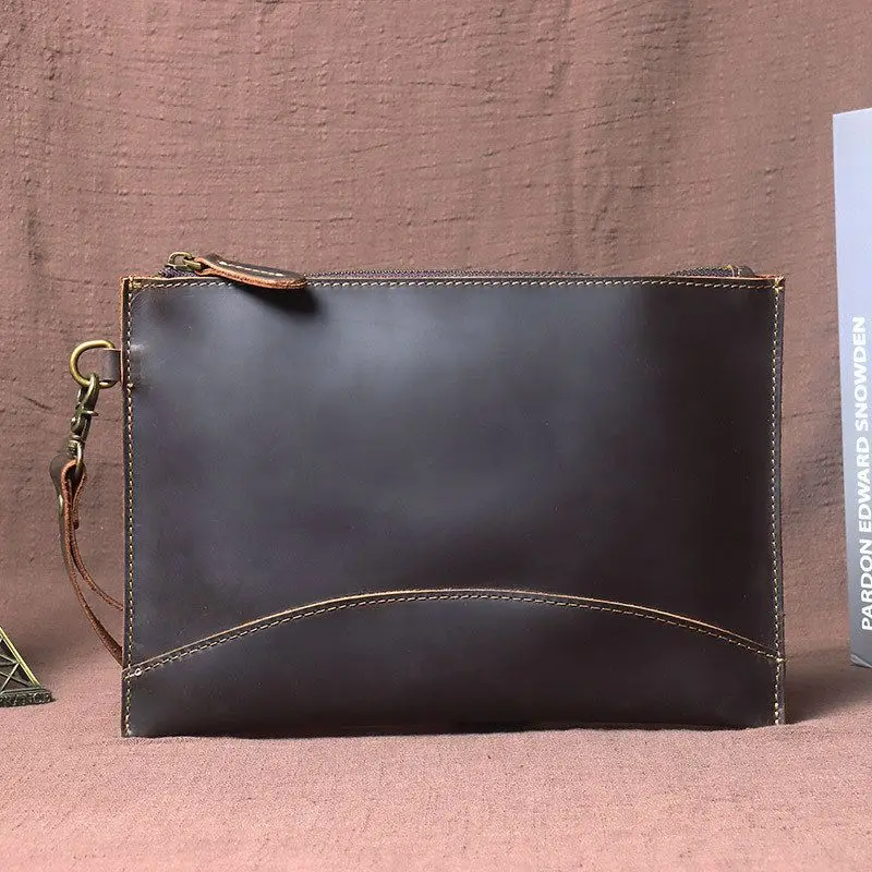

Retro Pure Cowhide Leather Zipper Handbag Men's Clutch Bag Simple Storage Bag Travel Youth Polyester Square ape Smal...