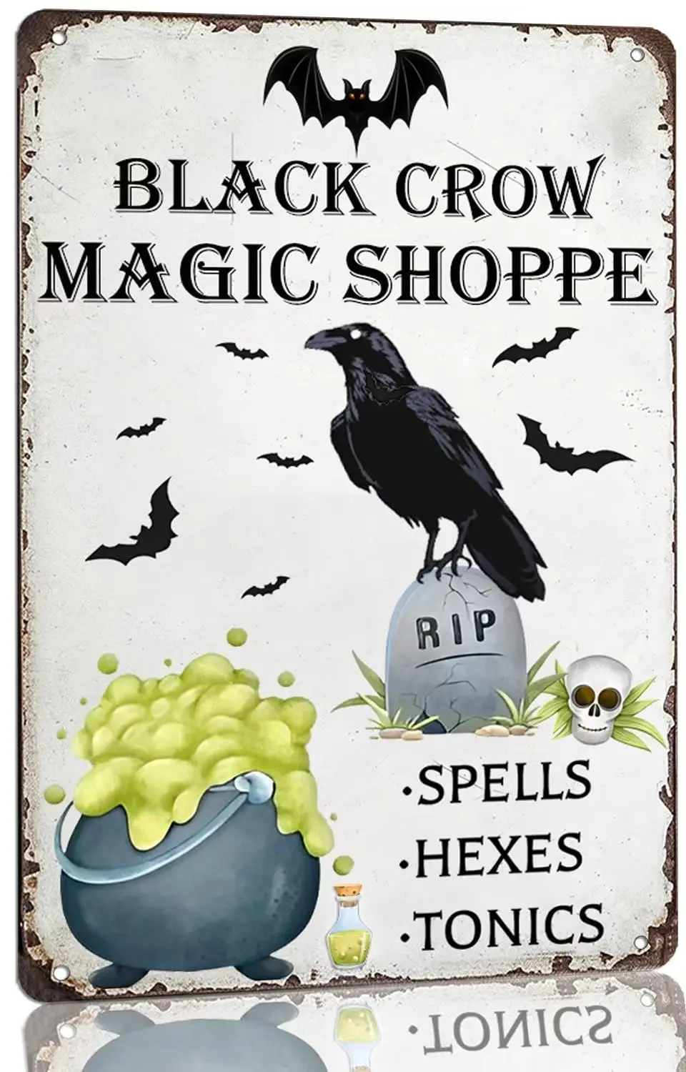 Vintage Black Crow Magic Shoppe Metal Tin Sign Halloween Wall Decor for Home Kitchen Front Door Club Cafe Bar