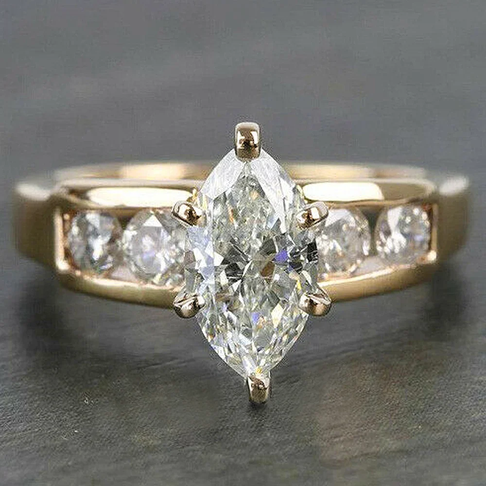 Huitan Gold Color Marquise Cubic Zirconia Wedding Rings Eternity Love Jewelry for Women New Arrival Fashion Finger Accessories