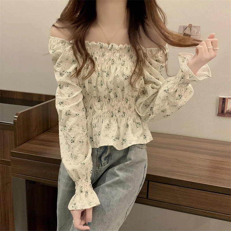 Slash Neck Blouses Women Temper Crop Floral Vintage  Hotsweet Korean Fashion French Gentle Hipster Ladies Clothing Chemise