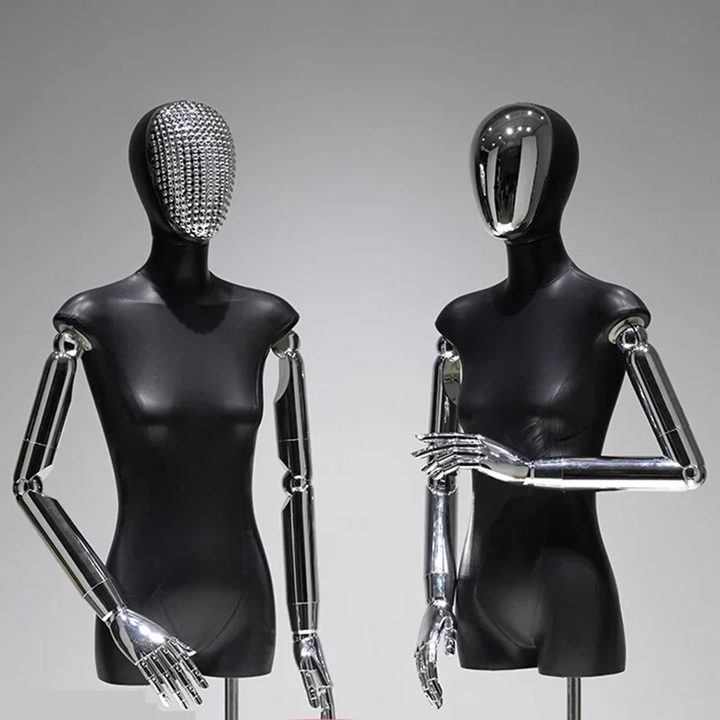 

Clothing Store PU Black Mannequins Female Bust Mannequin with Electroplated Head and Hand Iron Frame for Window Clothing Display