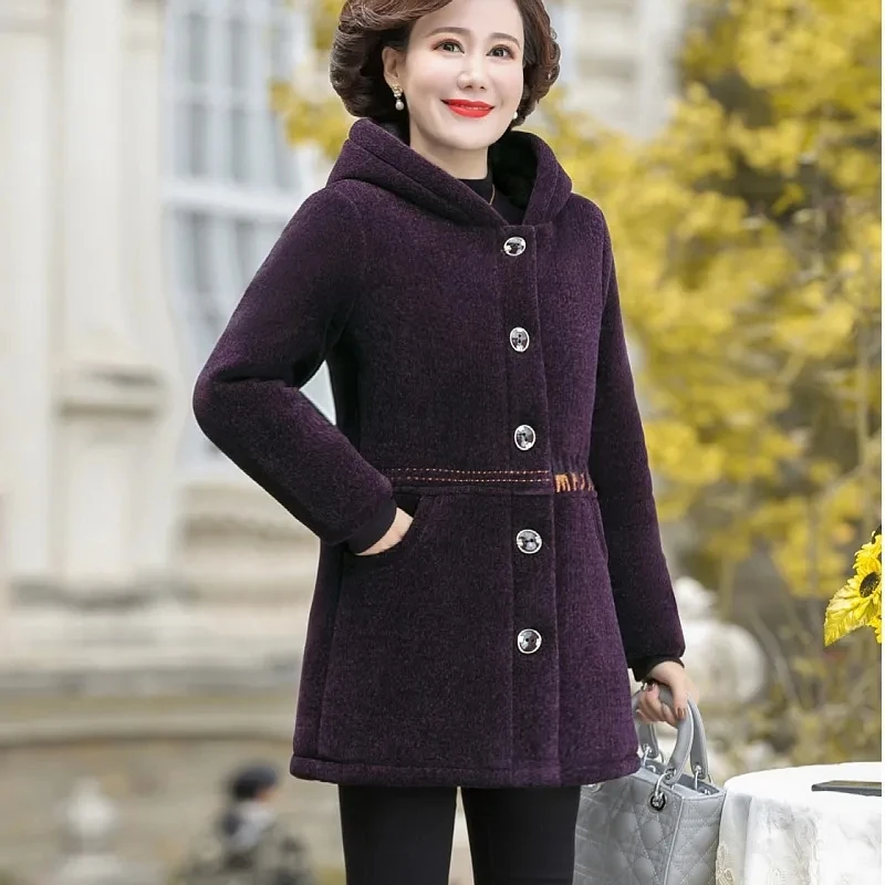 Middle Aged Elderly Mother Cotton Padded Jacket Fashion Hooded Plush Thick Warm Parkas Winter Coat High-end Women Woolen Outwear