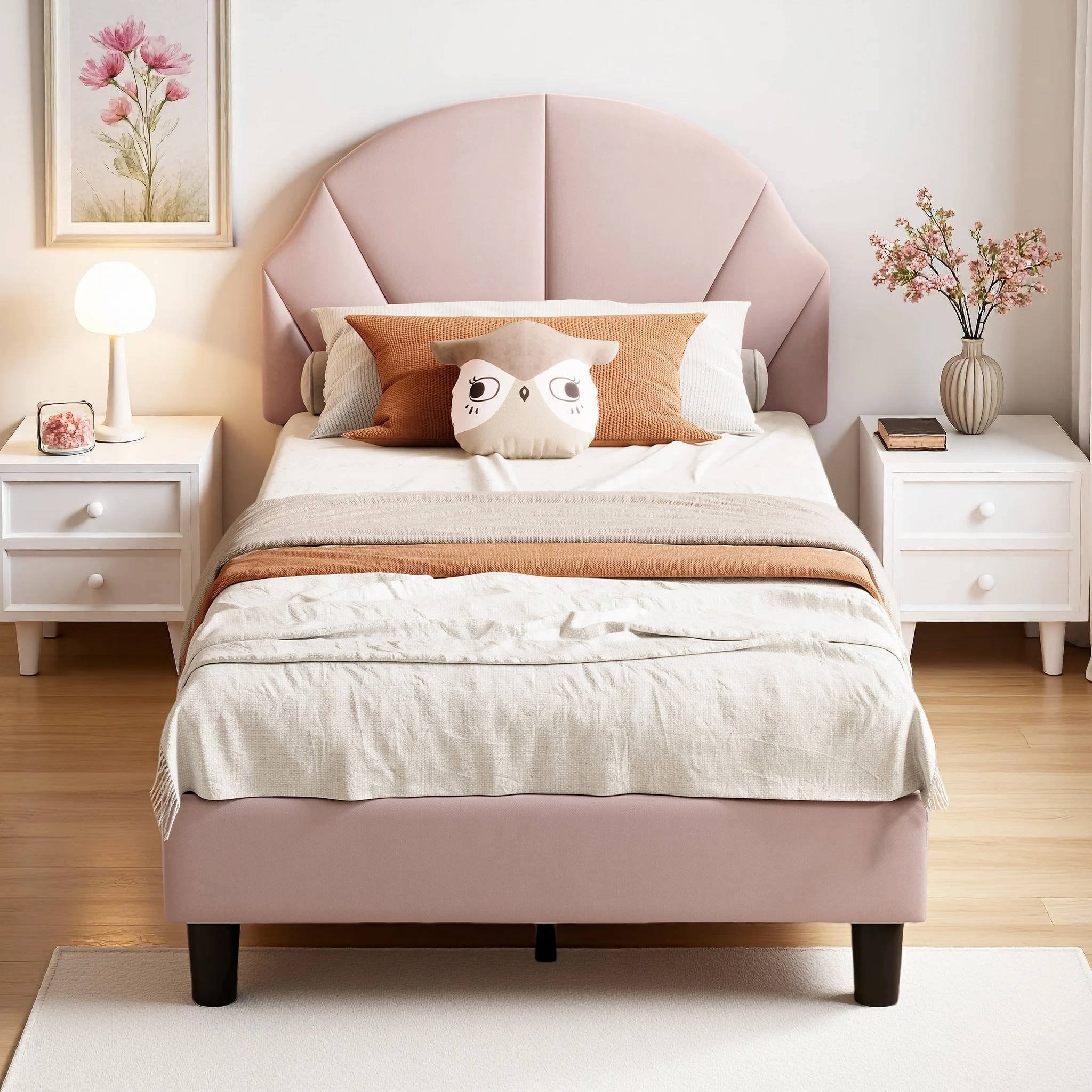 Cama infantil 90x190/200 cm con cabecero ajustable, cama para niños y niñas, cama para adolescentes, terciopelo, montaje sencillo, beige/rosa