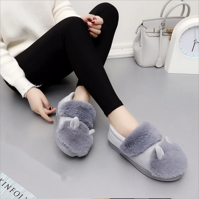 Pantoufles de dessin animé pour femmes, décor d'oreille, toboggans moelleux pour couples, chaussures d'intérieur chaudes en coton pour dames, hiver