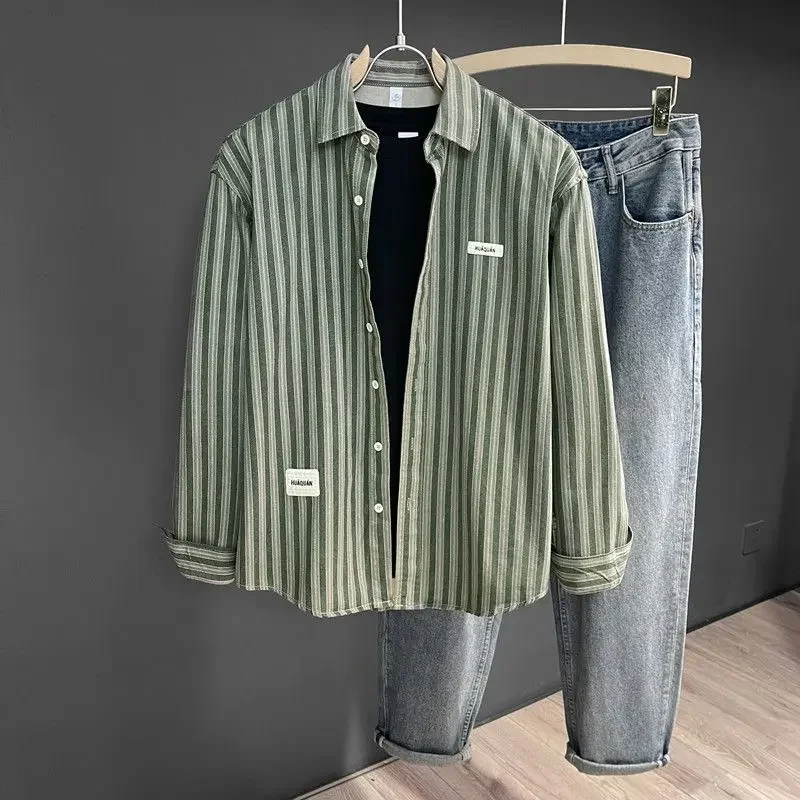 

Autumn New Retro Striped Lapel Long Sleeve Shirt Men's Trendy High-end Men's Early Autumn Shirt Jacket