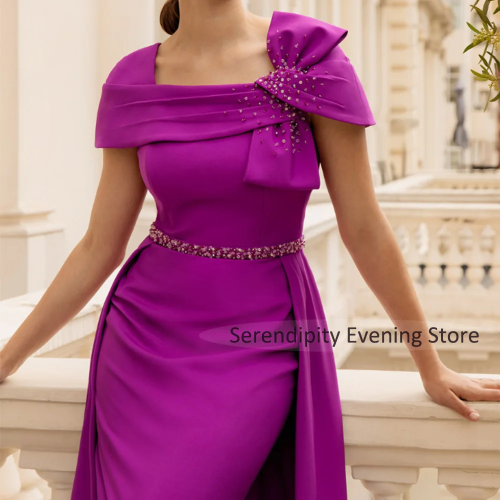 Customized Wedding Guest Dresses Crystal Square Collar Column Mother of the Bride Dress Midi Cap Sleeves Women's Party Gowns