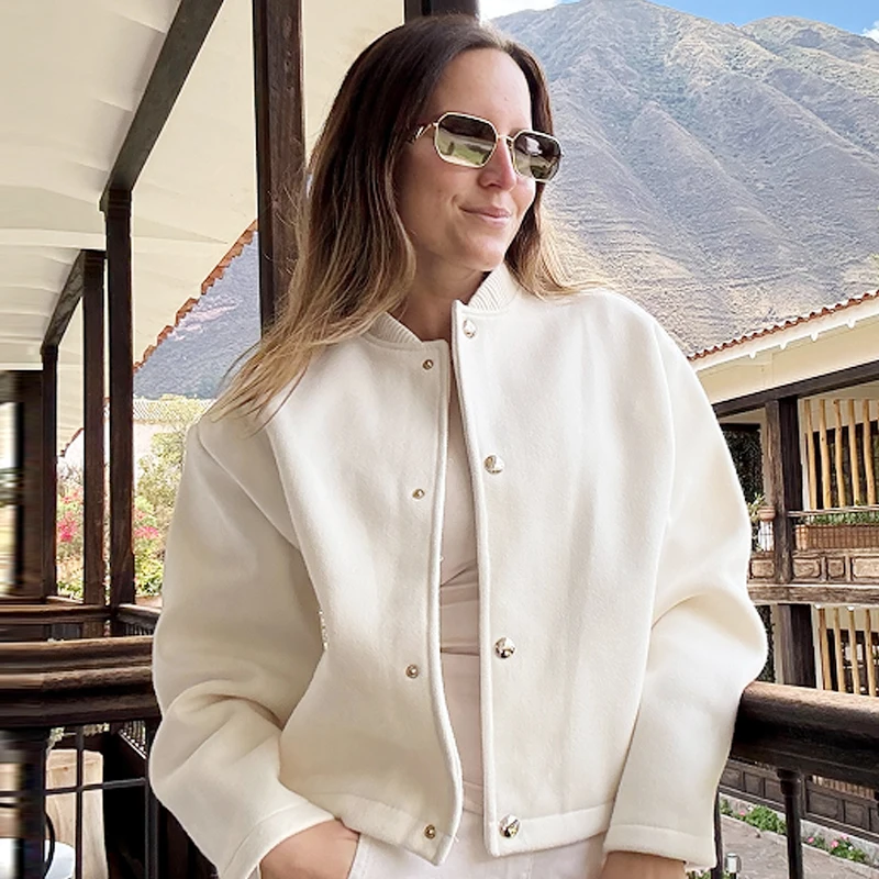 HXAO Bijgesneden beige jas Damesbomberjack Demi-seizoen Mode O-hals Knoop Lange mouw Jassen Chique Elegant Zacht Bovenkleding