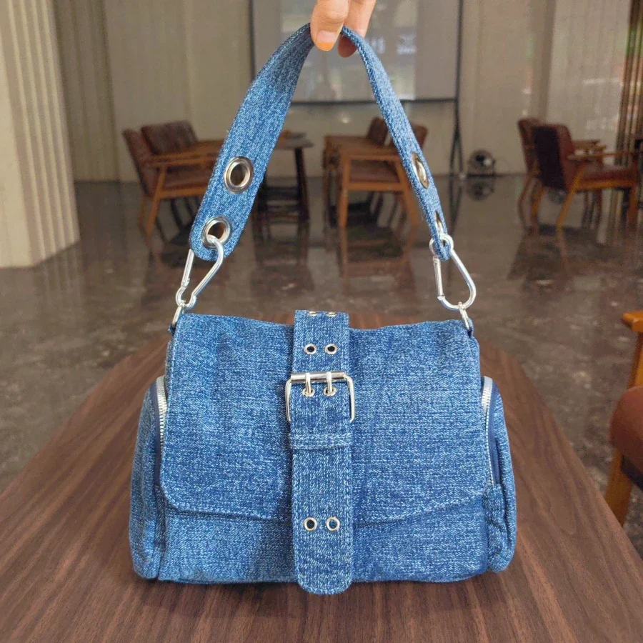 Fashion Rivet ladies Axillary bags Brand design female handbag Light weight blue Denim Women Shoulder Crossbody Bag