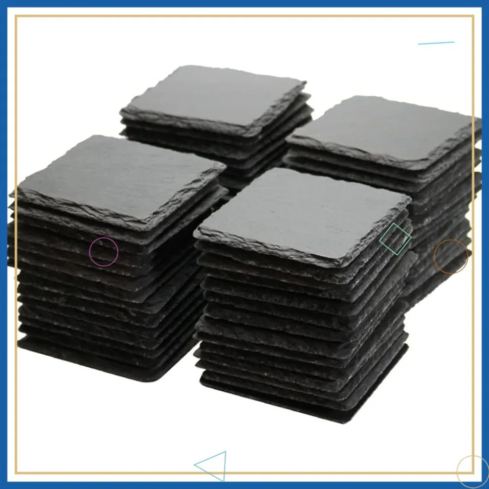 

60 Pack 4x4 Inch Natural Black Slate Coasters, Square Stone Drink Protectors for Bar Kitchen Home, Handmade Rough Edge