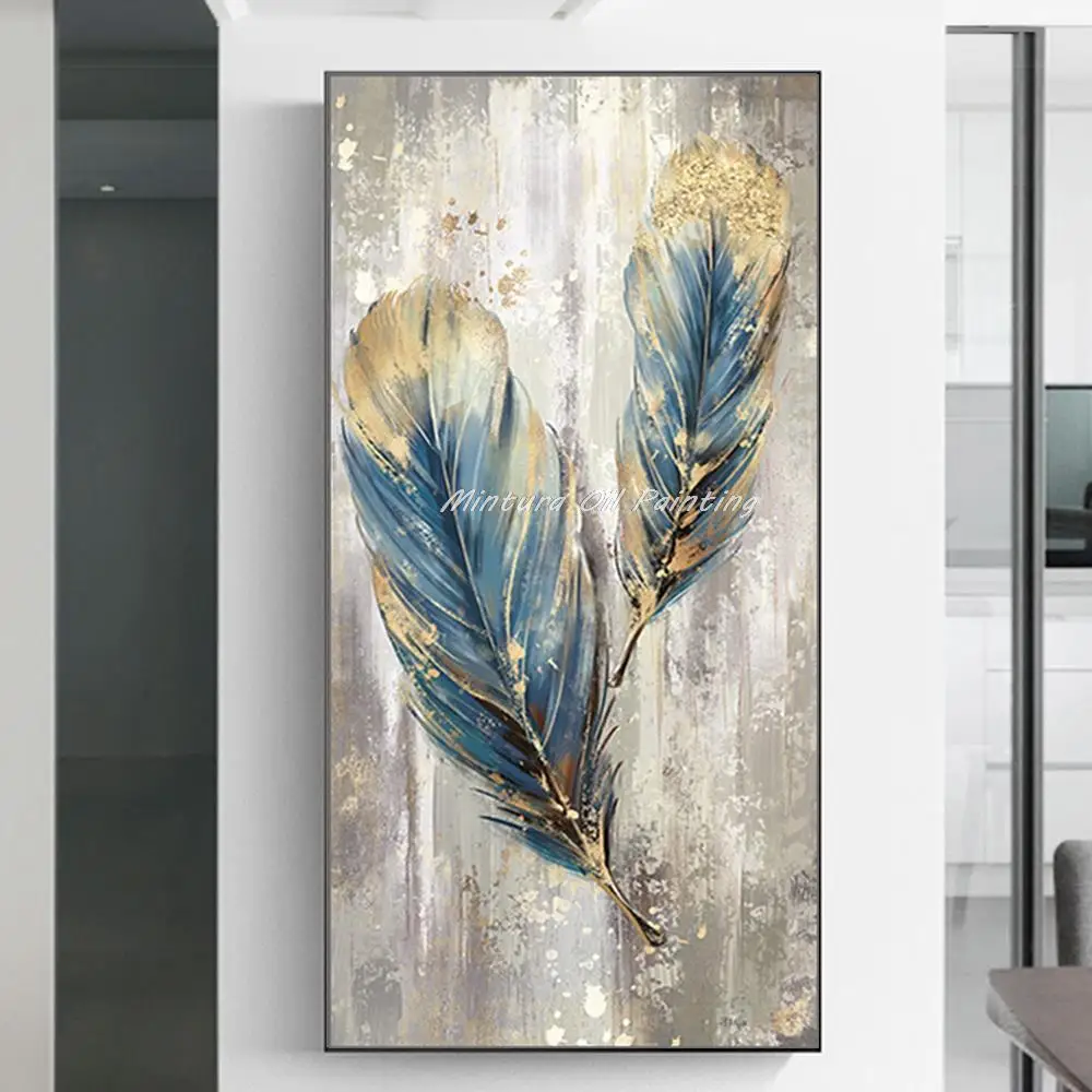 

Mintura Handpainted Golden Feather Oil Painting on Canvas,Abstract Wall Art Picture,Living Room Decor Modern Entrance Decoration