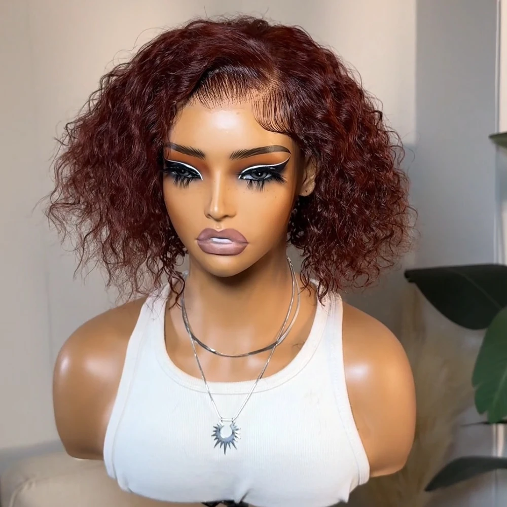 UNice Hair Reddish Brown Side Part Curly Bob Wig Pre Cut Pre Bleached 7x5 Lace Wig Pixie Cut Short Human Hair Wigs 8Inch